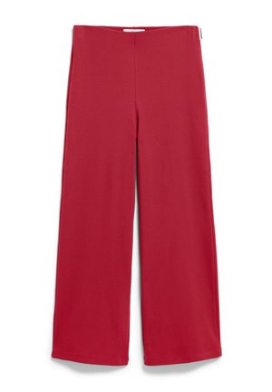 Red wide-leg pants made of soft, stretchy fabric. Features an elastic waistband and a simple, seamless design. No visible fastenings or pockets.