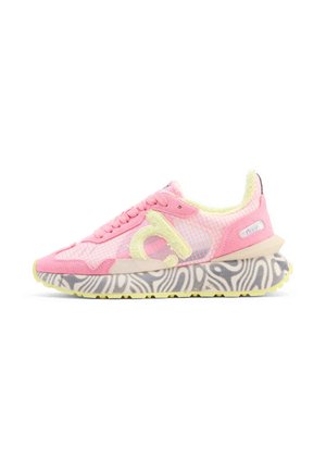Pink and yellow athletic sneaker with mesh upper, textured "d" logo, and patterned beige and gray cushioned sole.