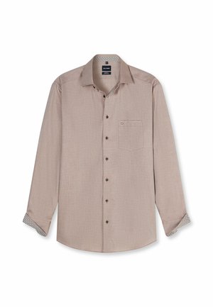 Beige Herrenhemd mit langen Ärmeln, Kragen, Knöpfen vorne, einer Brusttasche und gemusterten inneren Manschetten- und Kragenfutter.