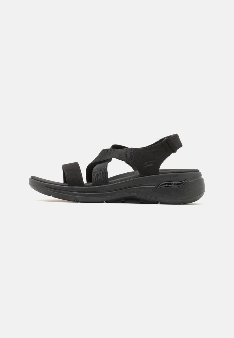 Black sport sandals with adjustable straps, cushioned footbed, and textured sole. Lightweight design for comfort and support.