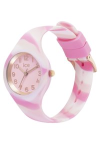 Reloj de silicona en mármol rosa con caja redonda, acentos dorados y esfera rosa con números arábigos. Correa ajustable para un ajuste seguro.