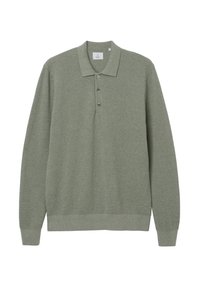 Langärmeliges Poloshirt in Hellgrün aus strukturiertem Strickstoff mit Knopfleiste sowie gerippten Bündchen und Saum.
