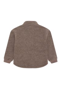 Braune, weich strukturierte Fleecejacke mit Kragen, langen Ärmeln und gerippten Manschetten. Die Rückansicht zeigt ein einfaches Design und Nahtdetails.