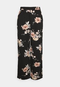 Zwarte, brede broek met wijde pijpen en een bloemenpatroon in roze en crèmekleuren. Elastische tailleband, lichtgewicht stof en geen zichtbare sluitingen.