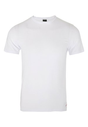 Weißes T-Shirt mit kurzen Ärmeln aus weicher Baumwolle, mit Rundhalsausschnitt. Keine Muster oder Grafiken, mit kleinem rotem Logo am Saum.