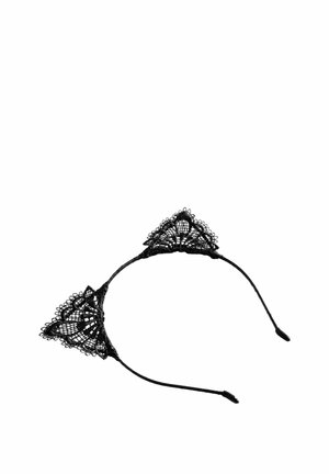 Black lace headband with two triangular cat ears featuring intricate floral and net patterns.