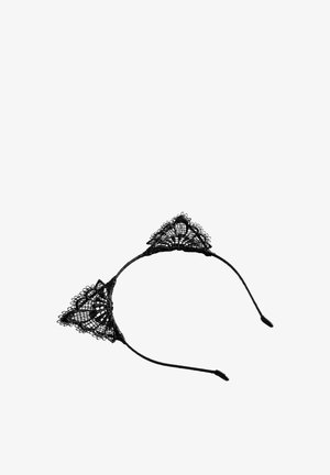 Black lace headband with two triangular cat ears featuring intricate floral and net patterns.