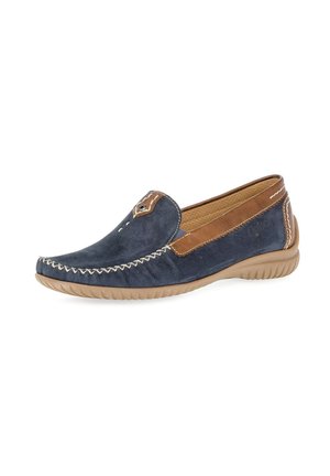 Men’s casual slip-on shoe in navy blue suede with brown leather accents and beige stitched detailing, featuring a beige flexible sole.