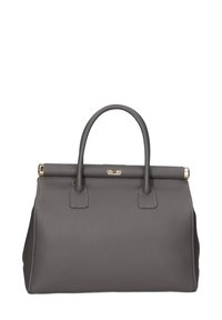 Borsa a mano in pelle grigia con texture liscia, manici arrotondati e dettagli in hardware dorato nella parte superiore. Presenta un particolare contrasto nei punti di cucitura.