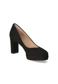 Pump nera in suede con tacco alto, punta arrotondata, suola platform e tacco quadrato. All'interno presenta una fodera nude.