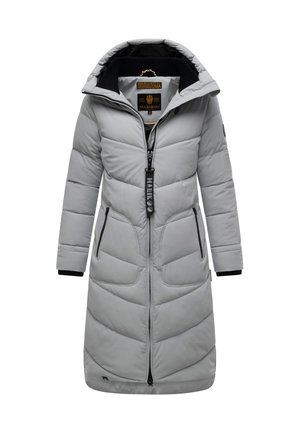Long light gray padded winter coat with hood, black zipper, side pockets, and brand label inside collar, designed for cold weather.