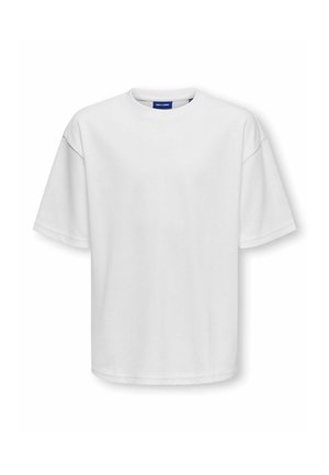 Enkel hvid oversized T-shirt med kortærmer, rund hals og synligt blåt mærke inden i kraven mod en hvid baggrund.