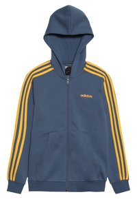 Blue full-zip hoodie with yellow Adidas stripes on sleeves and small Adidas logo on left chest, featuring front pockets and ribbed cuffs.