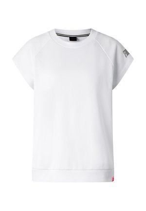 T-shirt blanc à manches courtes raglan, détail noir à l’intérieur du col et petit logo sur la manche gauche et l’ourlet.