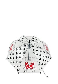 Transparanter Regenschirm mit schwarzen Punkte und rotem Punktmuster-Bow-Design, mit dem Text "SO MAG ICH ES AM LIEBSTEN" in fetter Schrift.