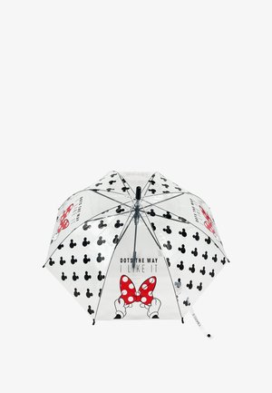 Transparanter Regenschirm mit schwarzen Punkte und rotem Punktmuster-Bow-Design, mit dem Text "SO MAG ICH ES AM LIEBSTEN" in fetter Schrift.