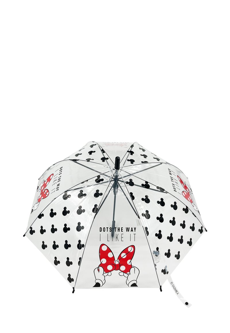 Transparanter Regenschirm mit schwarzen Punkte und rotem Punktmuster-Bow-Design, mit dem Text "SO MAG ICH ES AM LIEBSTEN" in fetter Schrift.
