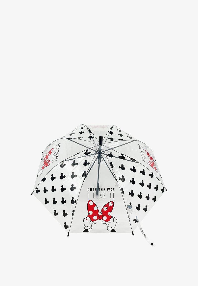 Transparanter Regenschirm mit schwarzen Punkte und rotem Punktmuster-Bow-Design, mit dem Text "SO MAG ICH ES AM LIEBSTEN" in fetter Schrift.