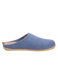 Pantofole in feltro blu con punta arrotondata e retro aperto. Caratterizzate da una suola in sughero naturale e un piccolo accento marrone sul tallone.