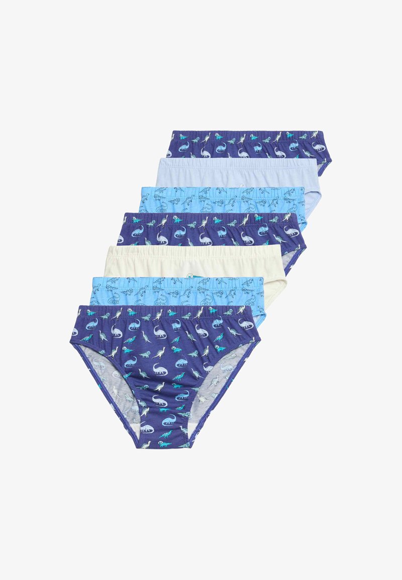 Pack van zes katoenen slips in verschillende tinten blauw en crème, met een dinosaurussenprint op donkerblauw en effen kleuren in lichtblauw en crème.