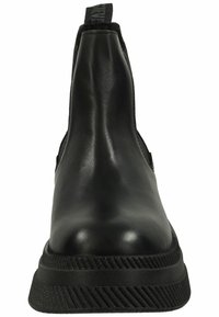 Stivali alla caviglia in pelle nera con finitura liscia, pannelli laterali elastici e suola in gomma nera testurizzata, dotati di una linguetta sul retro.