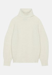 Pull à col roulé en crème, confectionné en maille douce. Il présente une coupe décontractée, des manches raglan et des poignets et ourlet côtelés.