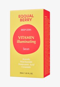 Żółte pudełko z czerwonymi akcentami. Z przodu znajduje się napis "EQUAL BERRY DEEP CERA VITAMIN illuminating Serum" oraz wyróżnione składniki. Wielkość 30ml.