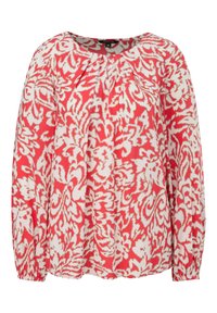 Blusa a maniche lunghe con motivo floreale rosso e bianco, caratterizzata da un colletto rotondo e dettagli arricciati sul davanti. Realizzata in tessuto leggero.