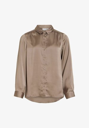 Chemise boutonnée en satin marron avec manches longues, col classique, légère brillance et ourlet arrondi. Dotée d'une fermeture à six boutons sur le devant.