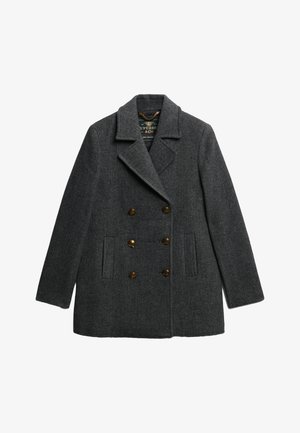 Manteau en chevron gris avec un design à double boutonnage, grands revers et quatre boutons dorés. Il comprend deux poches latérales.