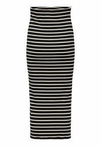 Schwarz- und cremefarbener gestreifter Bleistiftrock, elastischer Taillenbund, taillierte Form, knielang, aus dehnbarem Stoff gefertigt. Vertikale Streifen über die gesamte Länge.