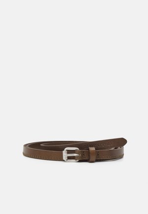 Brown leather belt with silver metal buckle, decorative stitching along edges, and "Marc O' Polo" embossed near the tip.