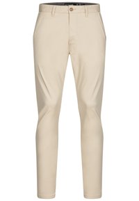 Pantalon beige en coton léger, coupe slim, doté d'une fermeture à bouton, de deux poches avant et d'une texture lisse.