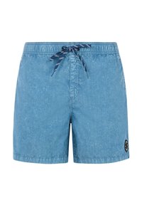 Shorts de bain bleus avec un effet délavé, taille élastique, cordon de serrage ajustable, et un patch rond avec logo en bas à droite.