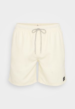 Heledad kreemilised ujumispüksid elastse vöökoha ja nööriga, vasakul küljel on väike must logo. Sile kangastekstuuri.