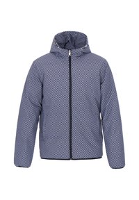 Gevoerde jas met capuchon, voorzien van een marineblauw patroon van onderling verbonden cirkels. Ritssluiting aan de voorkant en contrasterende zwarte afwerking.