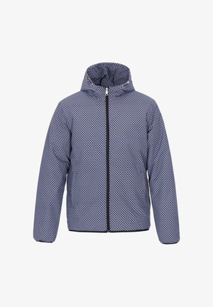 Puchowa kurtka z kapturem, w granatowy wzór połączonych okręgów. Zamek błyskawiczny z przodu oraz kontrastowe czarne wykończenia.