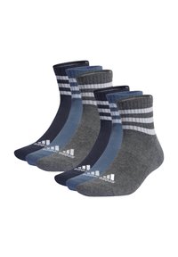 Set van vijf paar crew-length sokken in marineblauw, grijs en lichtblauw; met gestreepte patronen en logo op de teen. Gemaakt van zacht materiaal.