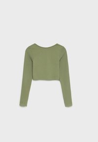 Langärmliger, schmal geschnittener Crop-Top aus olivgrünem Rippstoff. Bietet einen runden Halsausschnitt und eine taillierte Silhouette. Texturierte Oberfläche mit einheitlichem Muster.