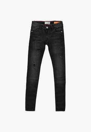 Zwarte skinny jeans met lichte slijtage op de voorkant van de dijen, vijfzakkenontwerp, knoopsluiting en een aansluitend silhouet.