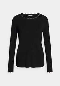 Maglione nero a maniche lunghe, con texture a coste, scollatura ondulata e polsini ondulati, realizzato in un morbido materiale a maglia.