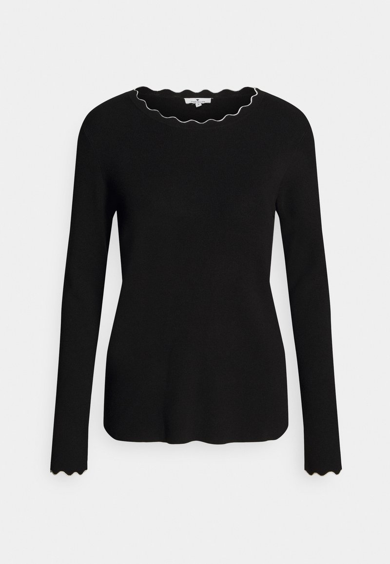 Maglione nero a maniche lunghe, con texture a coste, scollatura ondulata e polsini ondulati, realizzato in un morbido materiale a maglia.