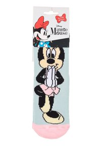 Socken mit einem Cartoon-Charakter in Schwarz-Weiß, weichem türkisfarbenem Hintergrund und pinken Akzenten am Bündchen.