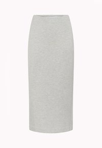 Grauer knielanger Bleistiftrock aus weichem, dehnbarem Stoff mit glatter Oberfläche und figurbetonter Silhouette, ausgestattet mit einem Bund am oberen Rand.