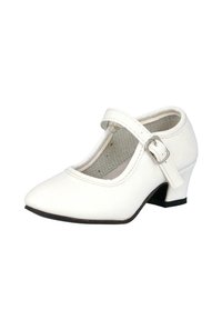 Zapato Mary Jane blanco de niño con un pequeño tacón, correa de tobillo con hebilla y punta redondeada sobre un fondo blanco.