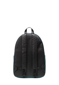 Schwarzer Rucksack mit blauen Akzenten, aus glattem Material gefertigt. Verfügt über gepolsterte Schultergurte und einen oberen Griff zum Tragen.