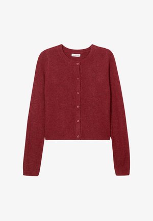 Rode wollen cardigan met lange mouwen, ronde hals en knoopsluiting aan de voorkant; zachte textuur en geribbelde zoom.