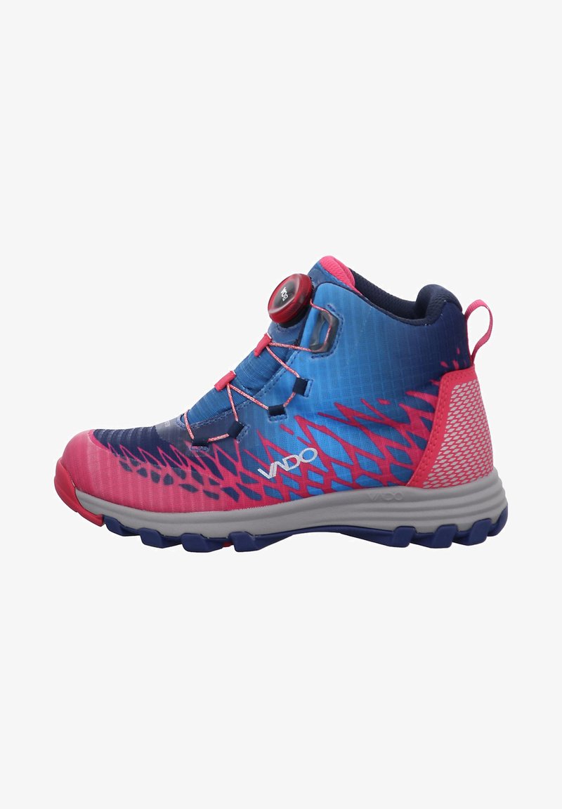 High-top athletic shoe featuring a blue and pink gradient design, mesh accents, a quick-lace system, and a textured rubber sole.