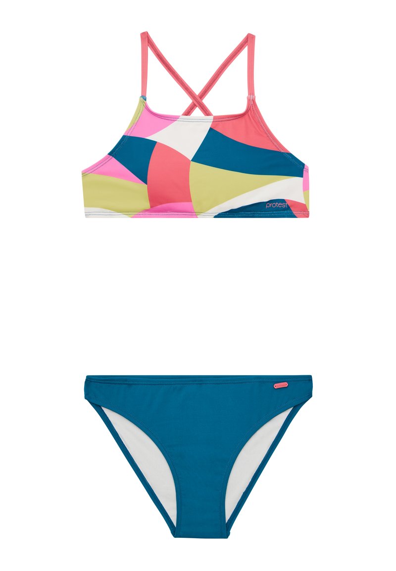 Bikini komplektas, turintis daugiaspalvį raštuotą viršų su kryžminėmis petnešomis ir kietą žalią apačią su balta pamušalu bei mažo logotipo akcentu.