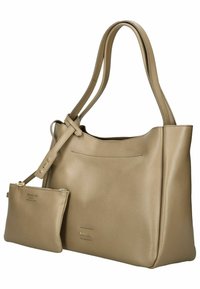 Borsa a mano in pelle beige con due manici, dotata di una tasca frontale e una pochette più piccola removibile. Texture liscia, design minimalista.